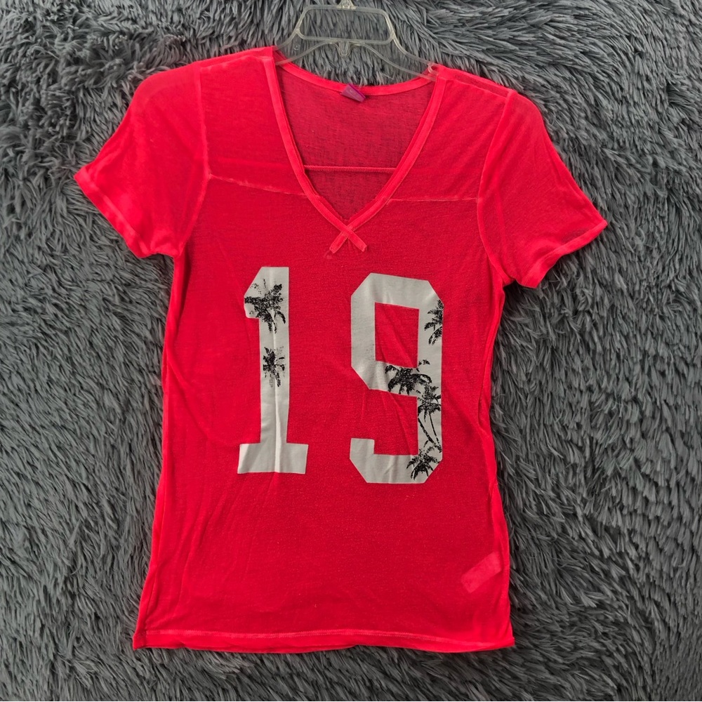 Hard Candy Shirt Womens Medium Pink Vneck Tropical Burnout Short Sleeve Top
